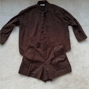 Brown Button-Up Shirt and Shorts Set